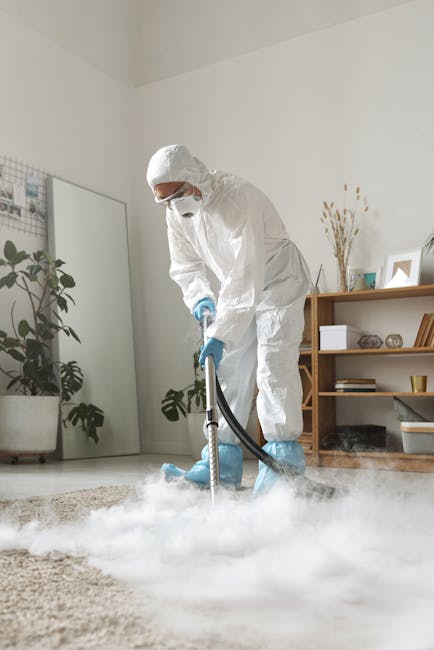 A professional cleaner in full protective gear, including a white hazmat suit, gloves, and face mask, is performing deep cleaning on a beige carpet in a modern living room. The cleaner is using a port