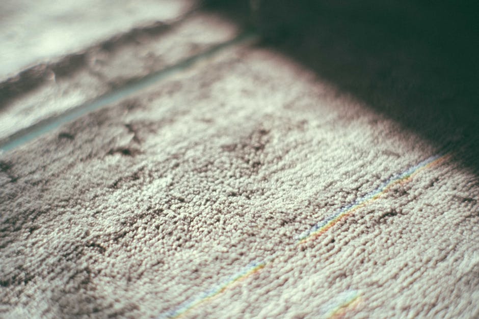 Close-up view of a textured beige carpet with visible fibers, partially illuminated by natural light. The carpet is situated on a wooden floor in a room, showing areas that have been recently dried following flooding. The surface appears clean and dry, with no visible dirt or stains, highlighting the effectiveness of surface cleaning and drying processes. A section of the carpet reveals a faint, multicolored stripe running through the fibers. The background features a wall with a white baseboard, contributing to a domestic setting. The image emphasizes the importance of professional carpet drying and cleaning services, such as those offered by Carpet Cleaning Merton, to maintain hygiene and restore carpets after flood damage.