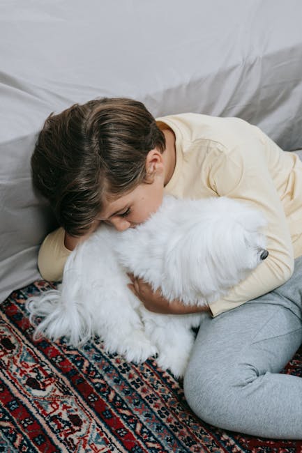 A young girl with brown hair, wearing a cream-colored long-sleeve top and grey pants, is lying on her side on a patterned area rug in a well-lit room, embracing a white fluffy dog. The girl is resting her head on the dog’s back, and the dog appears relaxed. The background shows a white sofa or cushion, and the setting suggests a cozy, domestic environment. The image emphasizes cleanliness, comfort, and the bond between the girl and her pet, aligning with themes of pet odour removal and home sanitisation by Carpet Cleaning Merton.